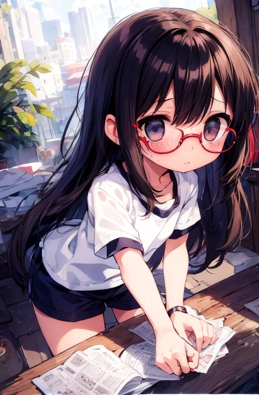 (Big red round glasses:1.3)、(Timid girl、blush、Watery eye:1.2)、Long black hair、White short sleeve shirt、Navy blue shorts、body操服、 body、Flat body
