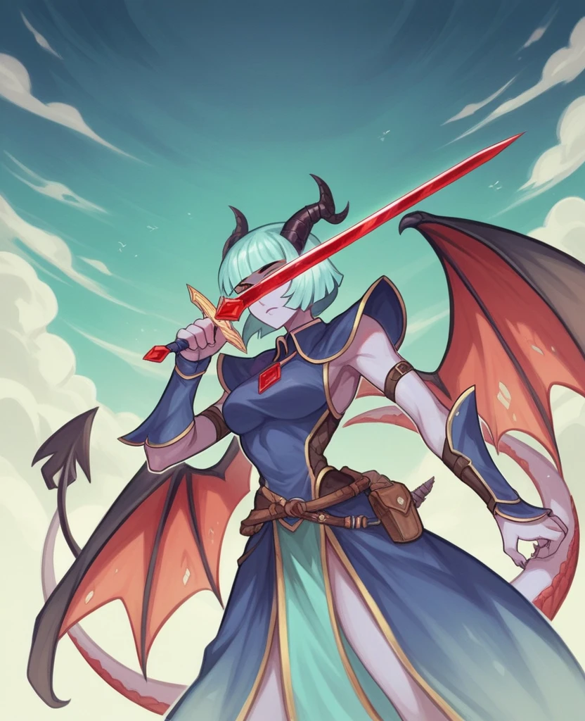 An exceptional gauntlet equipped up to his upper shoulder protected his arm. This came from a crystal embedded in his left hand, which shone in the bright sun, Raven black and filled with red vein-like marks.
In his right hand, a black sword appeared inside the swirling black mist from his right hand’s gemstone.
His claymore was 192cm long with a long handle and dragon claw pommel guard. A black cross hilt, entangled by a beautiful, silver carving of a demon with dragon’s wings and eyes with several gems of varied colours.
Each gem seemed to resemble an element from ocean blue to jet black, representing all the elements in the game.
Its blade was broad and thick, like his flesh lance. This seemed like a physical representation of his phallus in weapon form.
