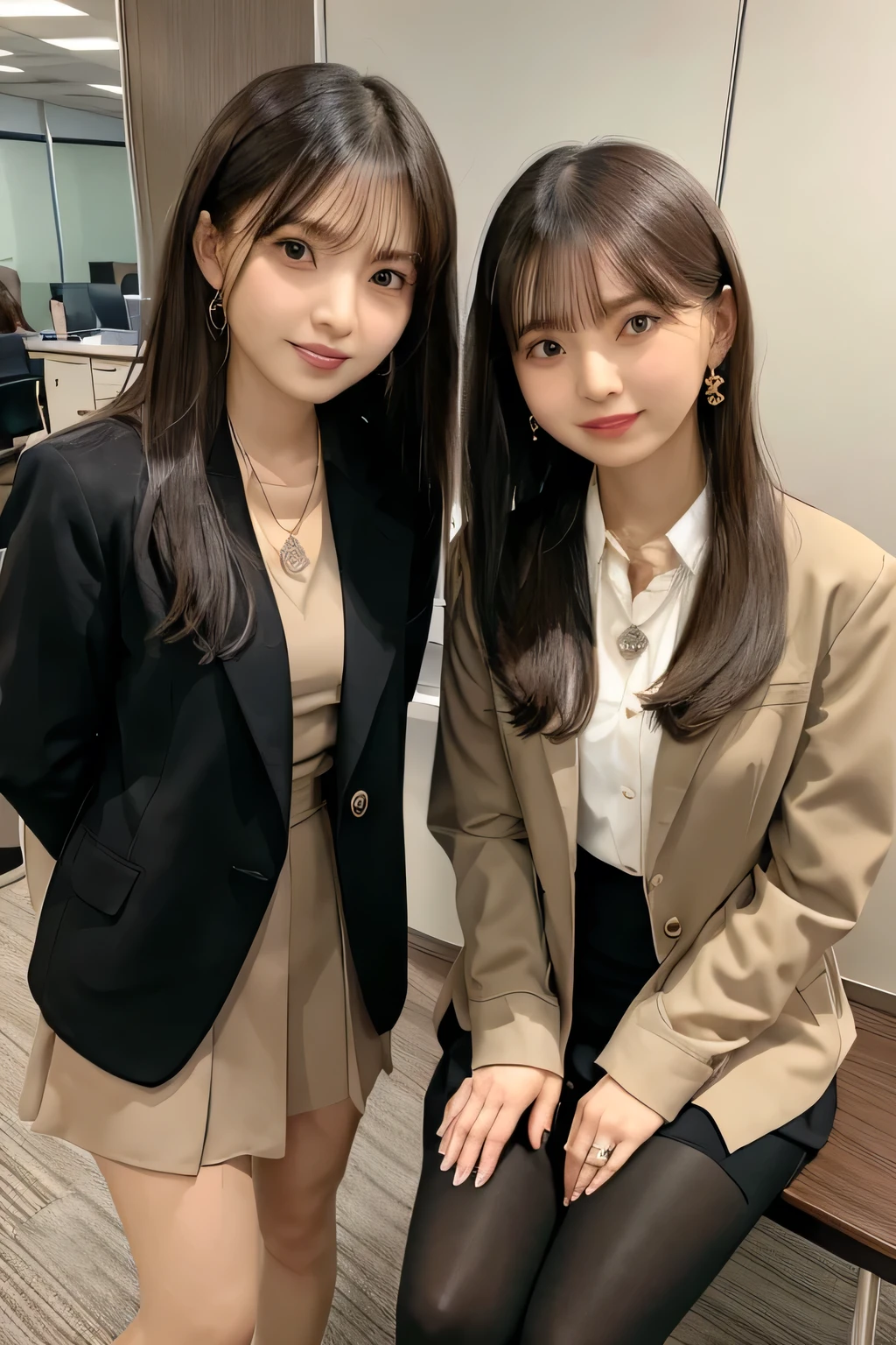 Beautiful young woman、Two women standing side by side in an office、 Brown Hair、Necklace around the neck、Office Lady Suits、Jacket、Unbuttoned shirt、Knee-length skirt、tights、pumps、Full body photo、smile、Beautiful teeth alignment、short hair、Intricate details, Very detailed:1.2), 、 Looking into the camera,The background is the office、Necklace around the neck、Dark eyeliner、ear piercing