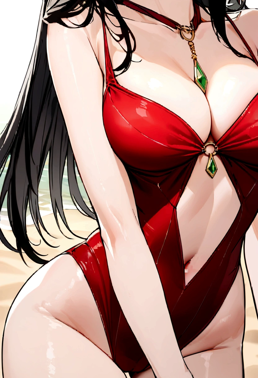 belle femme fine sexy aux yeux vert cheveux noir corps entier portant un maillot de bain rouge deux pièces .porte un collier en or avec un arrière plan d'une plage.