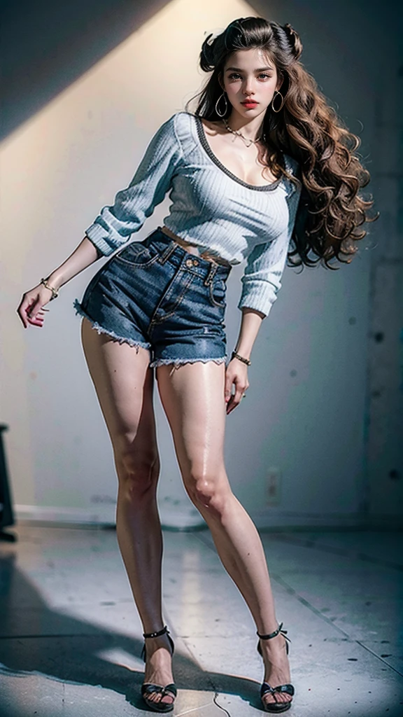 (masterpiece, best quality, Realistically, Work, Extremely detailed, 8K), ((Wide-angle lens, Full body female)), 1 girl，Light makeup，Exquisite facial features，Smile，Exquisite hairstyle, Long hair，Large Breasts，Denim shorts，Correct finger structure，Work服，Lace shirt，Hip-hop style，fWorknet tights，Light brown hair, Hair behind the ears, Pompadour hairstyle, curls, Medium Long hair, Heart Earrings, front stance ，Full body portrait，Gray background