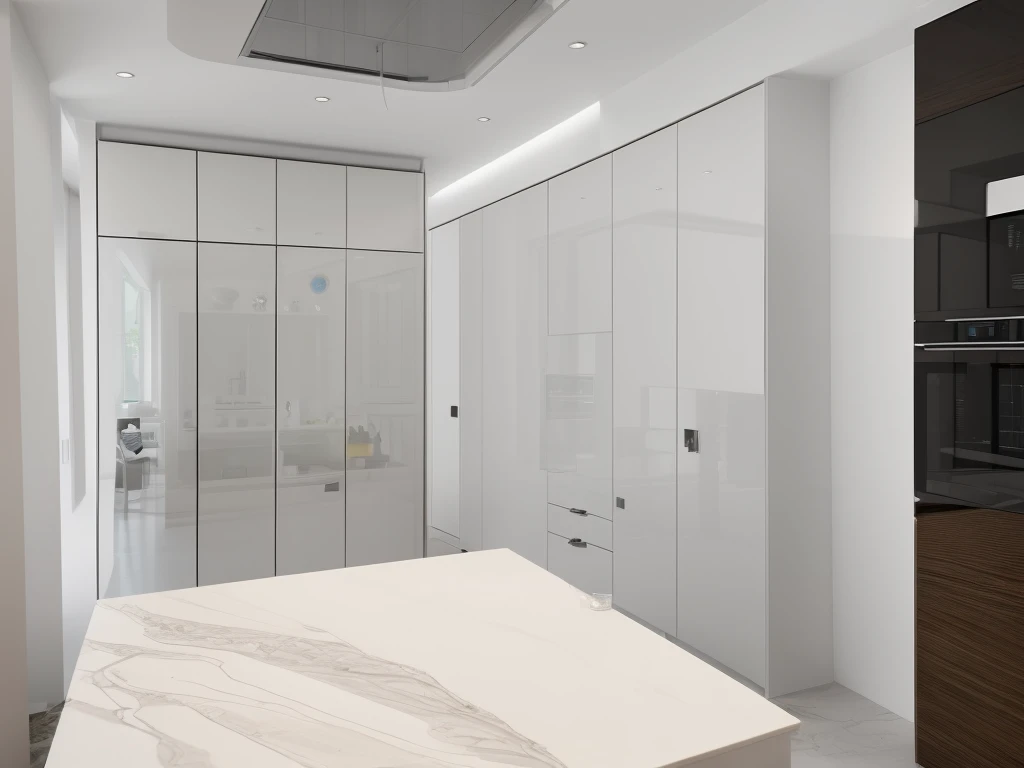 "Modern kitchen, acrylic cabinet doors, white Lama stone countertop, colored glass backsplash, sleek, contemporary, glossy finish."