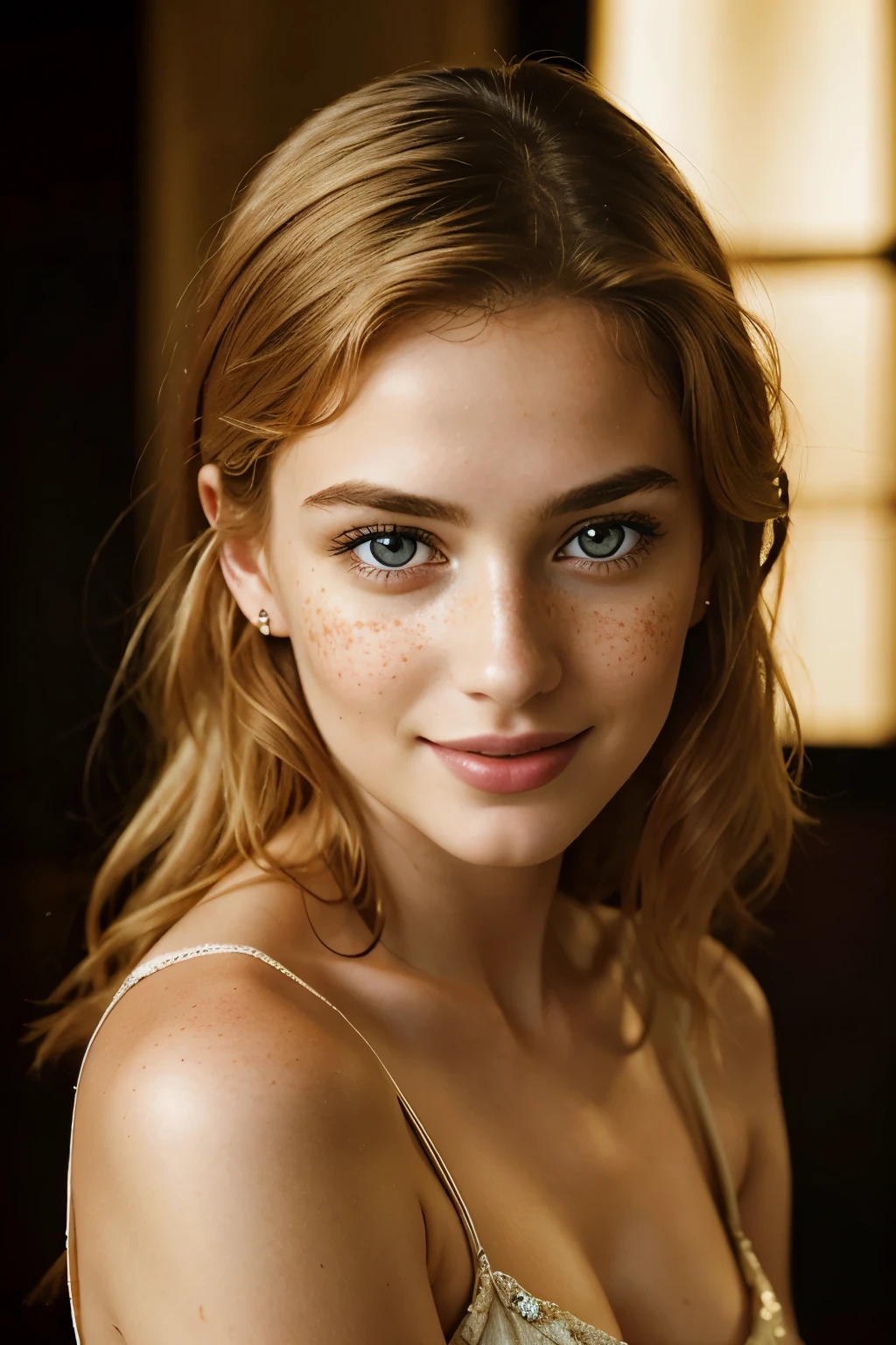 Realistic Self-Portrait from a Captivating 26-Year-Old Woman

In this ultra-realistic photograph, a young woman with a stunning 26-year-old beauty adorns the frame, her pretty flirting smile illuminating the picture. Her naturally golden/ginger hair, adorned with a few freckles, cascades down in a detailed texture that captures the essence of her youthful charm.

The portrait, executed in a cinema-style manner, showcases her detailed light eyes, emphasizing their enchanting depth. The realistic soft skin of the subject is meticulously captured, its pores and subtle details visible to the discer