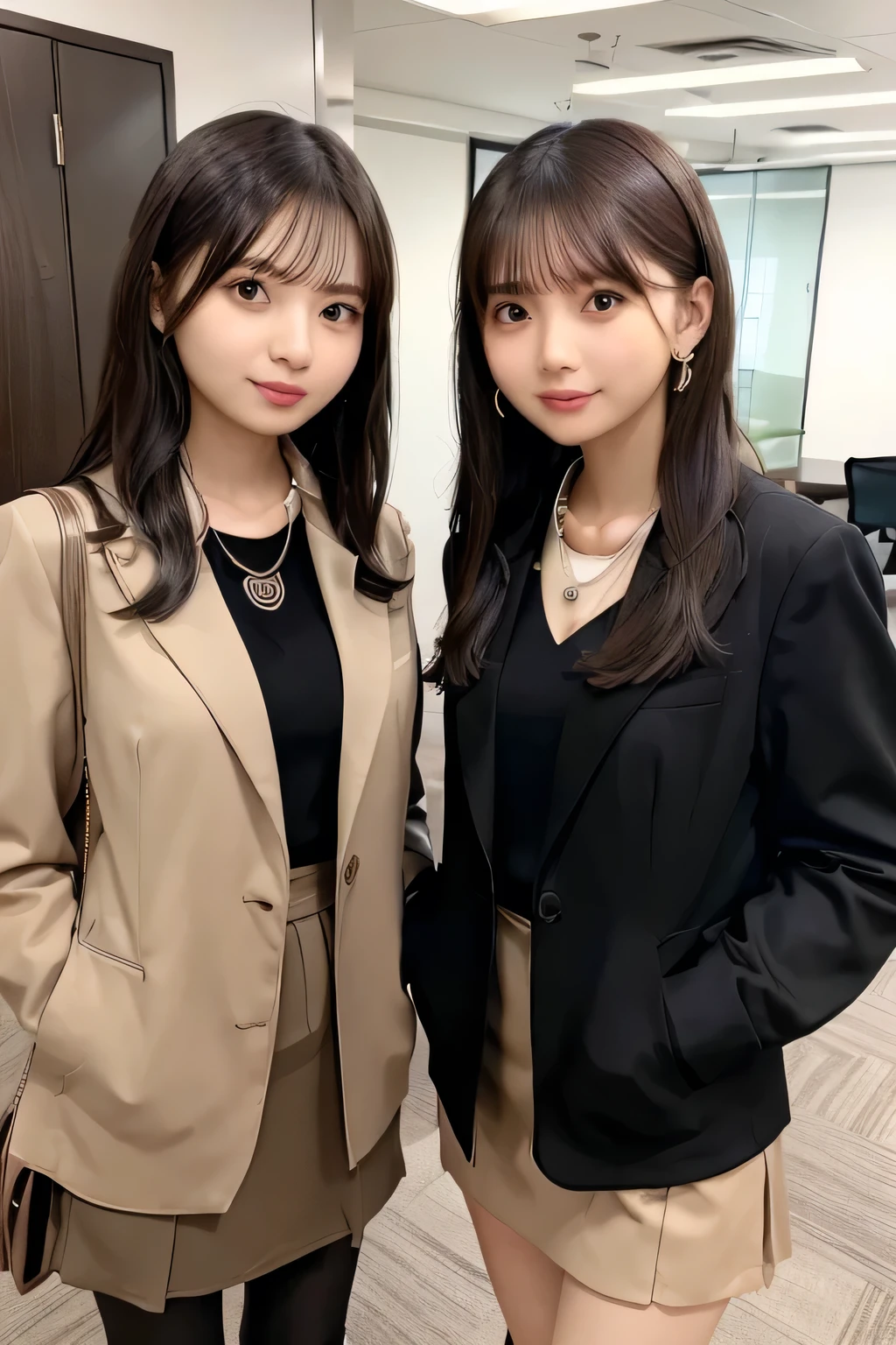 Beautiful young woman、Two women standing side by side in an office、 Brown Hair、Necklace around the neck、Office Lady Suits、Jacket、Unbuttoned shirt、Knee-length skirt、tights、pumps、Full body photo、smile、Beautiful teeth alignment、short hair、Intricate details, Very detailed:1.2), 、 Looking into the camera,The background is the office、Necklace around the neck、Dark eyeliner、ear piercing