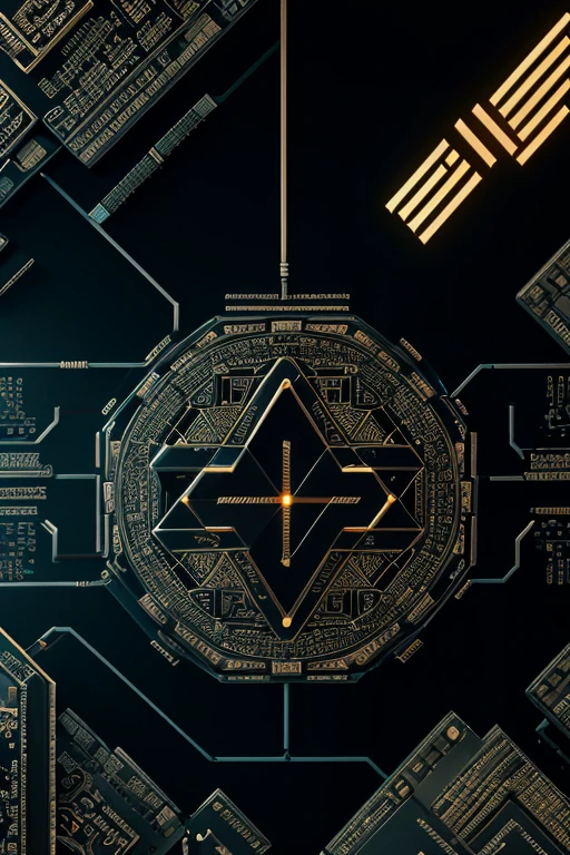 An intricately detailed illustration of the first-ever Bitcoin block, "The Genesis Block," surrounded by binary code and circuit patterns. The background features an abstract representation of blockchain nodes interconnected in a vast network.