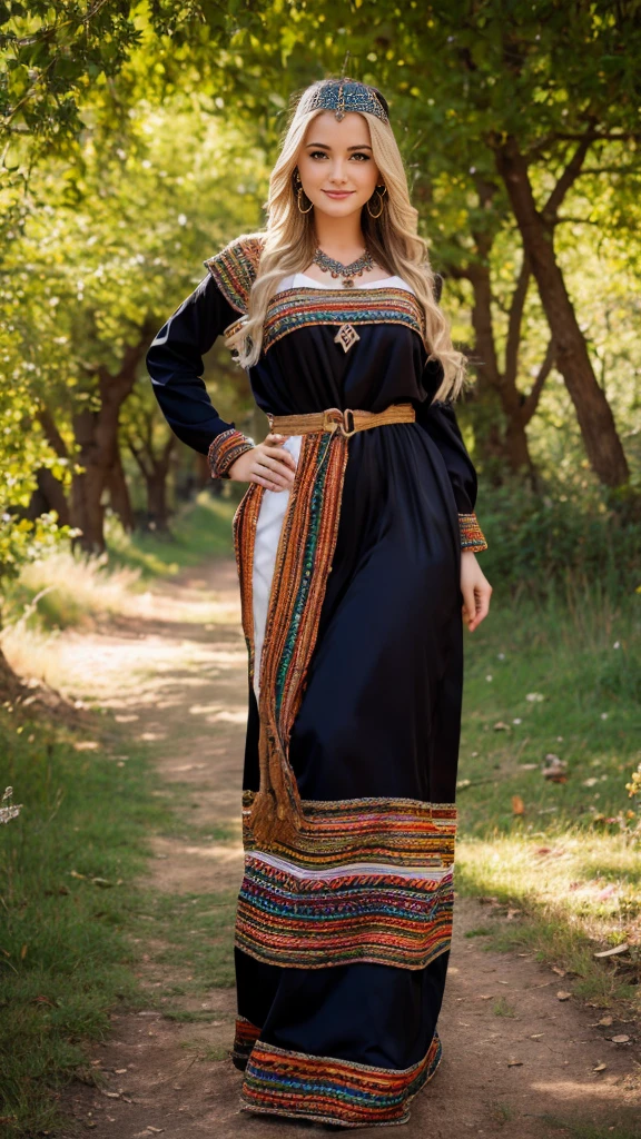 beautifull hot german blonde, robe kabyle, berber, amazigh dress, kabyledress, tizi ouzou, berber outfil, kabylegirl, bijoux, beautifull nature background, full body, realistic, black robes