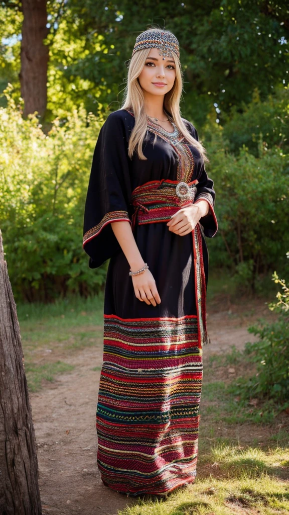 beautifull hot german blonde, robe kabyle, berber, amazigh dress, kabyledress, tizi ouzou, berber outfil, kabylegirl, bijoux, beautifull nature background, full body, realistic, black robes