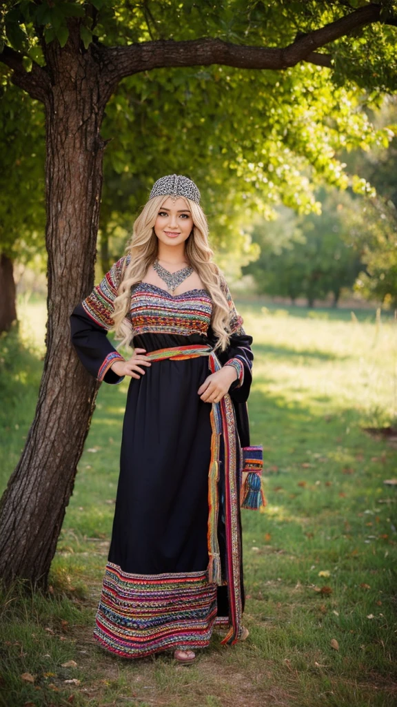 beautifull hot german blonde, robe kabyle, berber, amazigh dress, kabyledress, tizi ouzou, berber outfil, kabylegirl, bijoux, beautifull nature background, full body, realistic, black robes