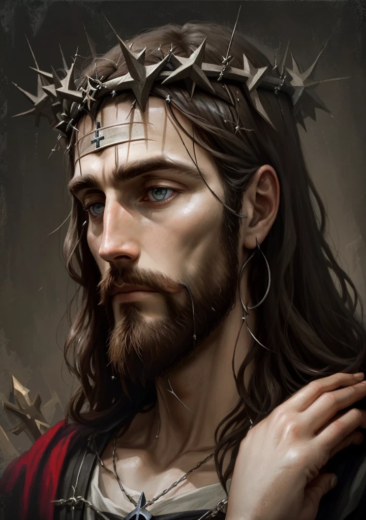 Jesus Christ with crown of thorns, blue colored eyes