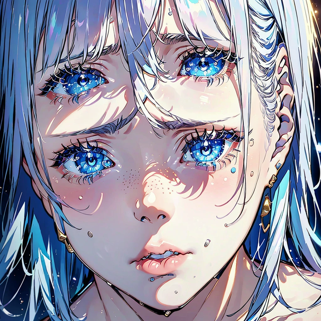 close-up shot of a young woman crying, with silvery hair, bangs, (tears) on a sad face, simmetric (blue) eyes, (light freckles), juicy lips, gold earrings, beautiful lights, iper-realistic, masterpiece, ((cinematic lighting)), best quality.