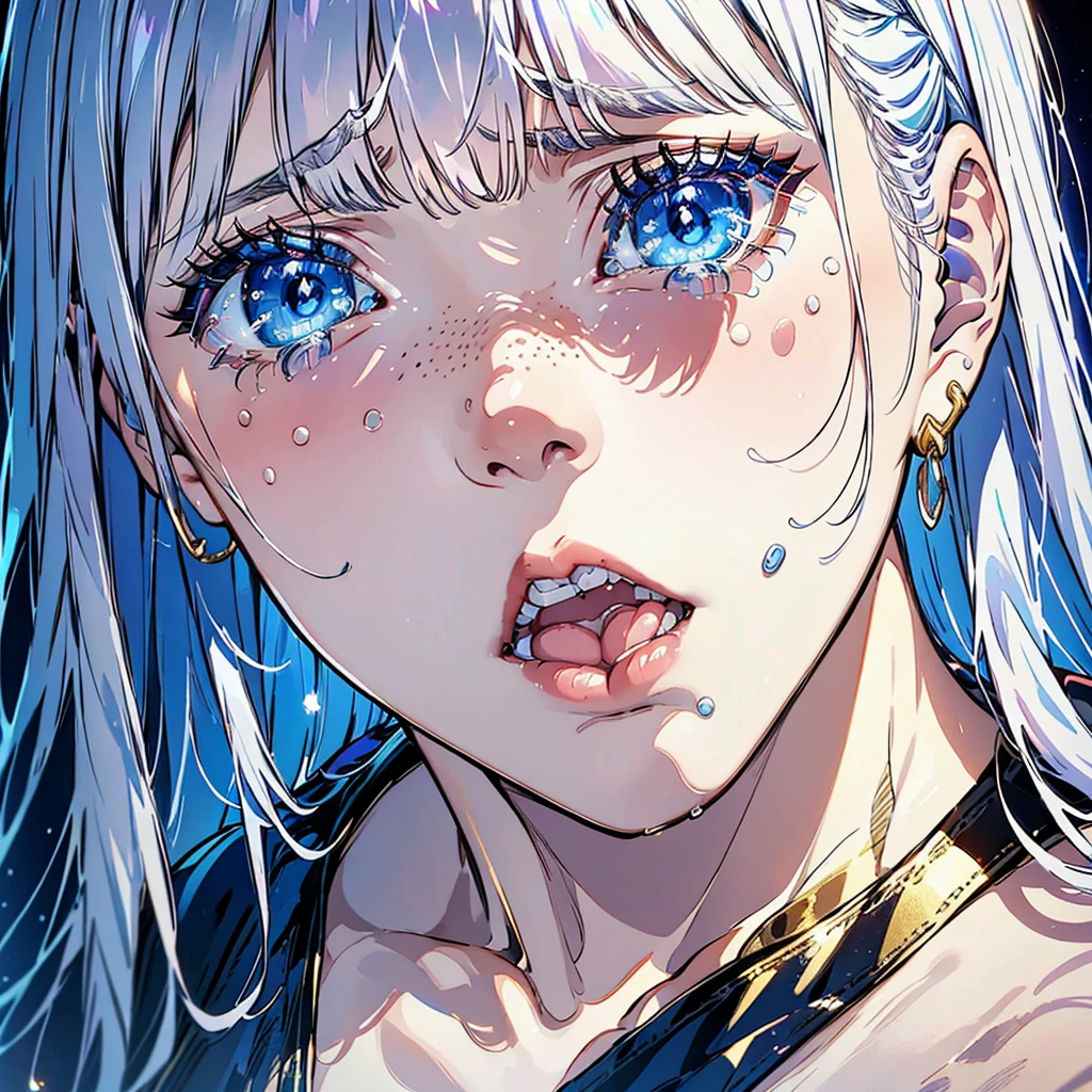 close-up shot of a young woman crying, with silvery hair, bangs, (tears) on a sad face, simmetric (blue) eyes, (light freckles), juicy lips, gold earrings, beautiful lights, iper-realistic, masterpiece, ((cinematic lighting)), best quality.