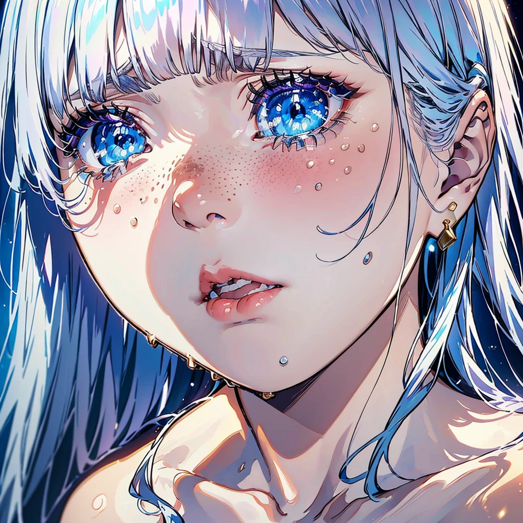 close-up shot of a young woman crying, with silvery hair, bangs, (tears) on a sad face, simmetric (blue) eyes, (light freckles), juicy lips, gold earrings, beautiful lights, iper-realistic, masterpiece, ((cinematic lighting)), best quality.