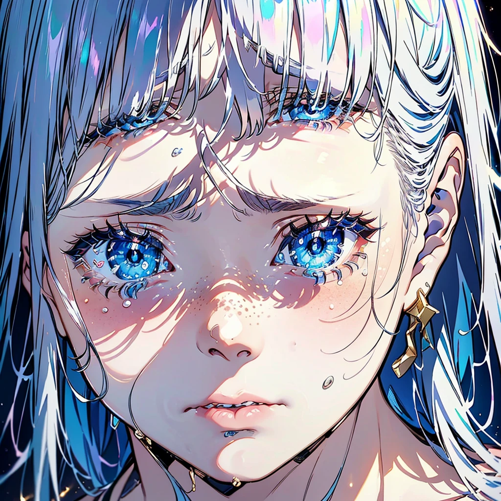 close-up shot of a young woman crying, with silvery hair, bangs, (tears) on a sad face, simmetric (blue) eyes, (light freckles), juicy lips, gold earrings, beautiful lights, iper-realistic, masterpiece, ((cinematic lighting)), best quality.