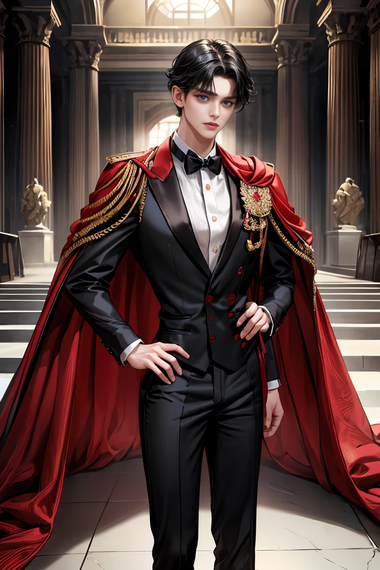 
masterpiece, 最high quality, high quality, 1 boy, alone, Male focus, Watching the audience,  Messy black hair, Adorable big blue eyes, White people, Noble, Noble,Sexy voluminous black and red cape、Tuxedo、A very voluminous, large, very large, very large, long, long red and black cape with a high stand-up collar, reaching down to the floor, made of a lot of fabric., 17 years old,Cute beautiful boys,Cute, cute, kind, handsome guy