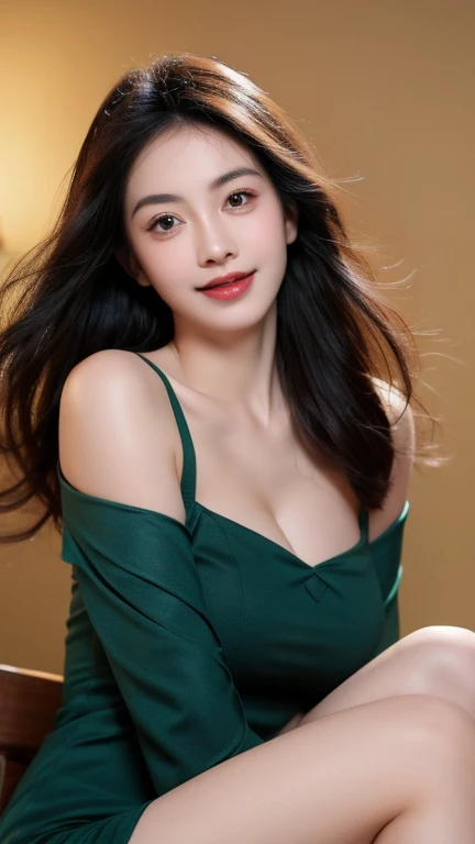 (lifelike,high resolution:1.3), Medium shot,Smile,Slim girl, The face shape and eyes are super delicate,Black Hair,The lips are rosy and shiny,(Pretty Face), (best quality), (Very detailed), (Extremely detailed CG unified 8k wallpaper),Full body photography,Green Dress,(Model Photos),big eyes,(eternal),Eyes on the audience,Large Breasts:1.6,Character-centered,