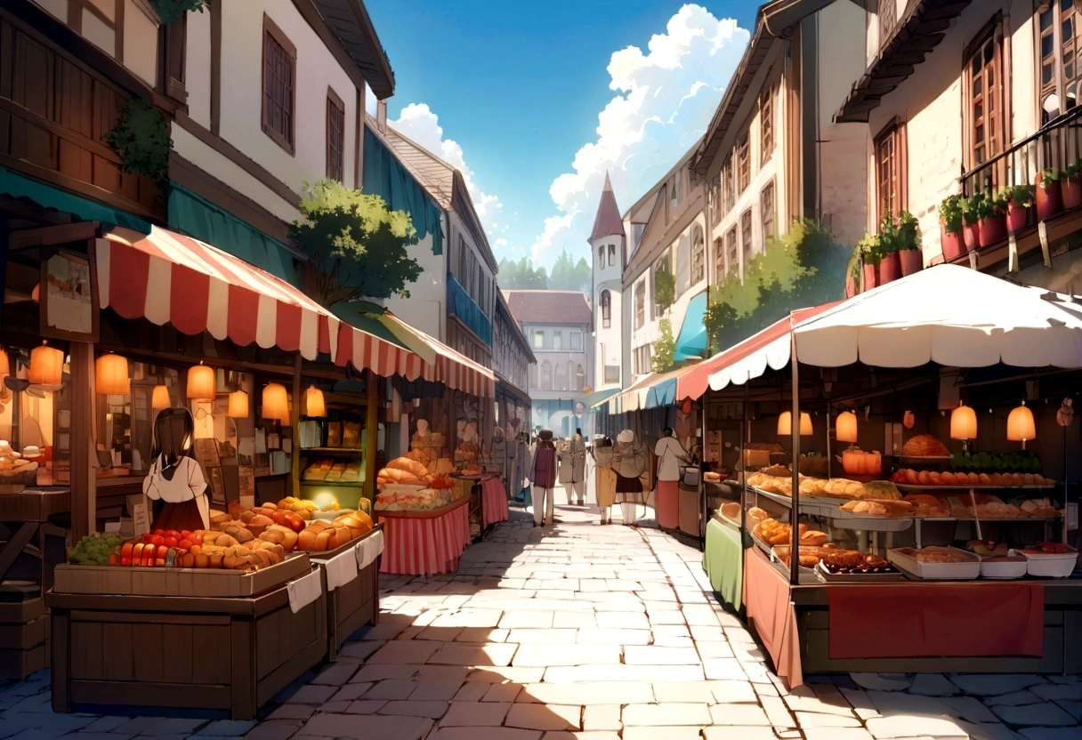 ((((masterpiece, Best Quality, High resolution)))), High detail, manga，anime，Illustrated style，Use of bright colors，Ghibli Studio「Howl&#39;s Moving Castle」The colors are like those used in daytime scenes.，Medieval European fantasy worldview, Christmas Market Square during the day, Festival scene in the square, There is a beautiful fountain in the center、Sparkling water gushes out in the sunlight., Large space, Bustling food stalls,Many food stalls are lined up，There aren&#39;t many people，人の着ている服はGhibli Studioの魔女の宅急便のような雰囲気， RPG-like scenery, Colorful tent stalls.Delicious food is on sale, The sky is bright blue、Fluffy white clouds floating, And the sun is shining brightly, Create a magical and cozy atmosphere.