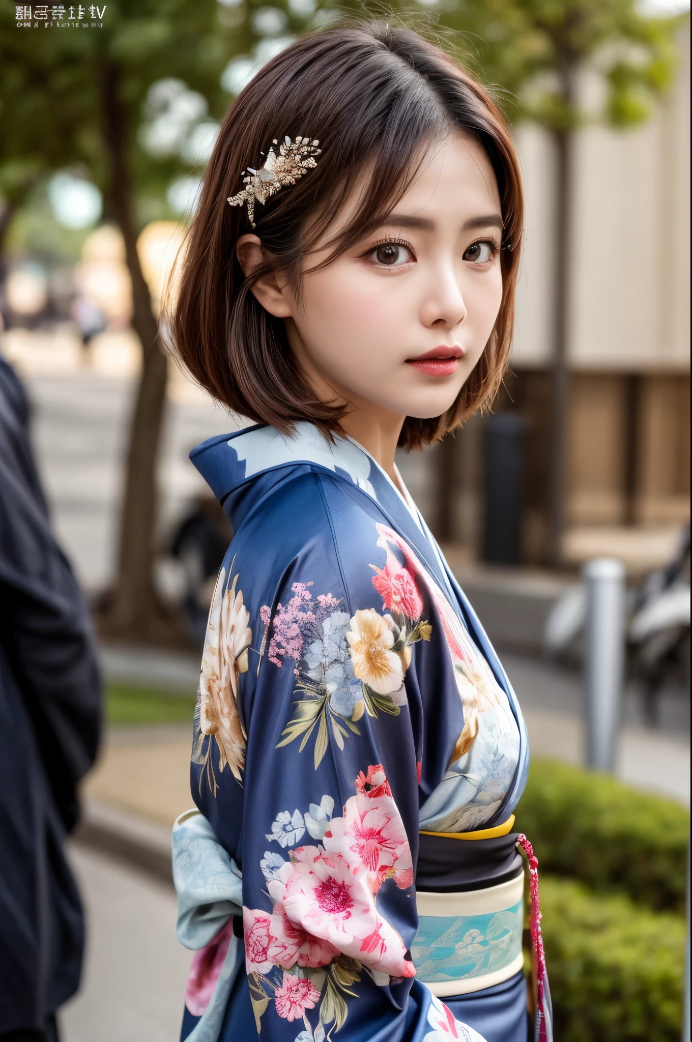(((masterpiece))), (((Highest quality: 1.4))), ((Very detailed: 1.4)) , ulzzang-6500-v1.1, (RAW Photos:1.2), (Photorealistic), (Genuine:1.4), Sharp focus、Shot from the side、One girl, Beautiful and perfect face, Droopy eyes are cute、Duck mouth、One-Length Bob Cut, Japanese Clothing,kimono, 豪華なkimono、Beautiful long-sleeved kimono、上品な振袖kimono、Dazzling、Intricate details, Cinematic atmosphere, 8K, Very detailed, Sharp Eyes、