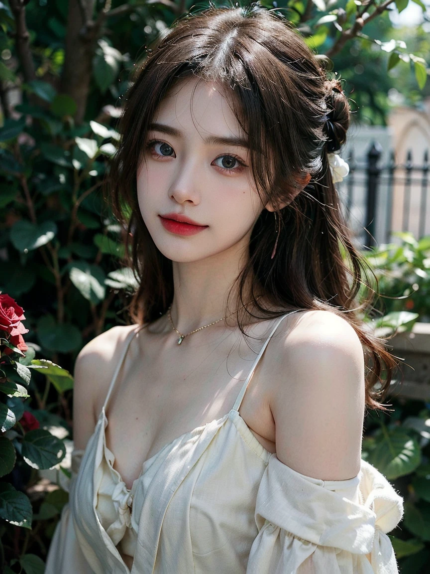 1girl, (looking at viewer:1.2), detail face, (a girl standing, rending on cgsociety, Rose bush backdrop), romanticism, atmospheric, (RAW photo, best quality), (realistic, photo-realistic:1.3), masterpiece, an extremely delicate and beautiful, extremely detailed, D cup,Cleavage,Translucent brown tube top1.5)Hair in a bun,Small and delicate earrings,Exquisite eye details,Charming smile 1.5