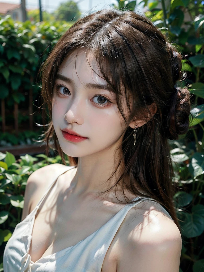1girl, (looking at viewer:1.2), detail face, (a girl standing, rending on cgsociety, Rose bush backdrop), romanticism, atmospheric, (RAW photo, best quality), (realistic, photo-realistic:1.3), masterpiece, an extremely delicate and beautiful, extremely detailed, D cup，Cleavage，Translucent brown tube top1.5）Hair in a bun，Small and delicate earrings，Exquisite eye details，Charming smile 1.5