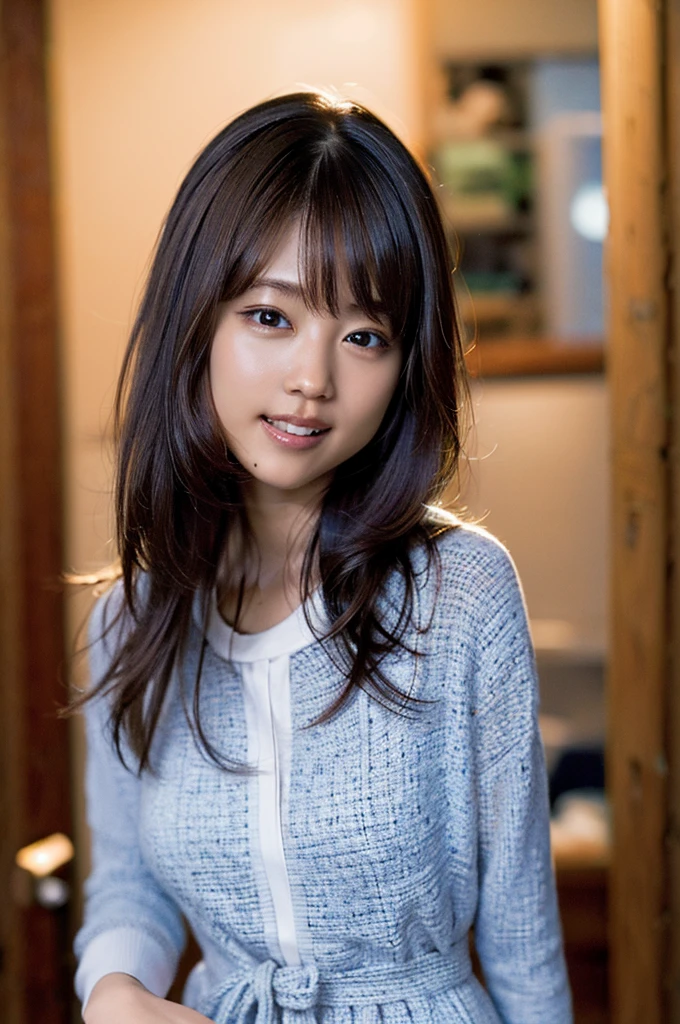(8k, RAW photo, best quality, masterpiece:1.2), (realistic, photo-realistic:1.37), ultra-detailed, ultra high res,1 girl,looking at viewer,beautiful detailed face,smile,narrow,(slim waist:1.3),shirt, beautiful detailed skin, skin texture, floating hair,professional lighting,