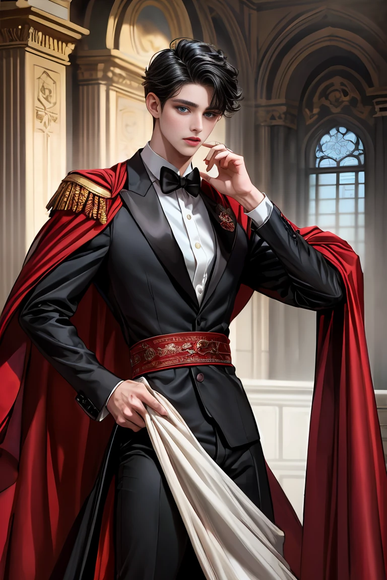 masterpiece, 最high quality, high quality, 1 boy, alone, Male focus, Watching the audience, Messy black hair, Adorable big blue eyes, White people, Noble, Noble,Sexy voluminous black and red cape、Tuxedo、A very voluminous, large, very large, very large, long, long red and black cape with a high stand-up collar, reaching down to the floor, made of a lot of fabric., 17 years old,Cute beautiful boys,Cute, cute, kind, handsome guy