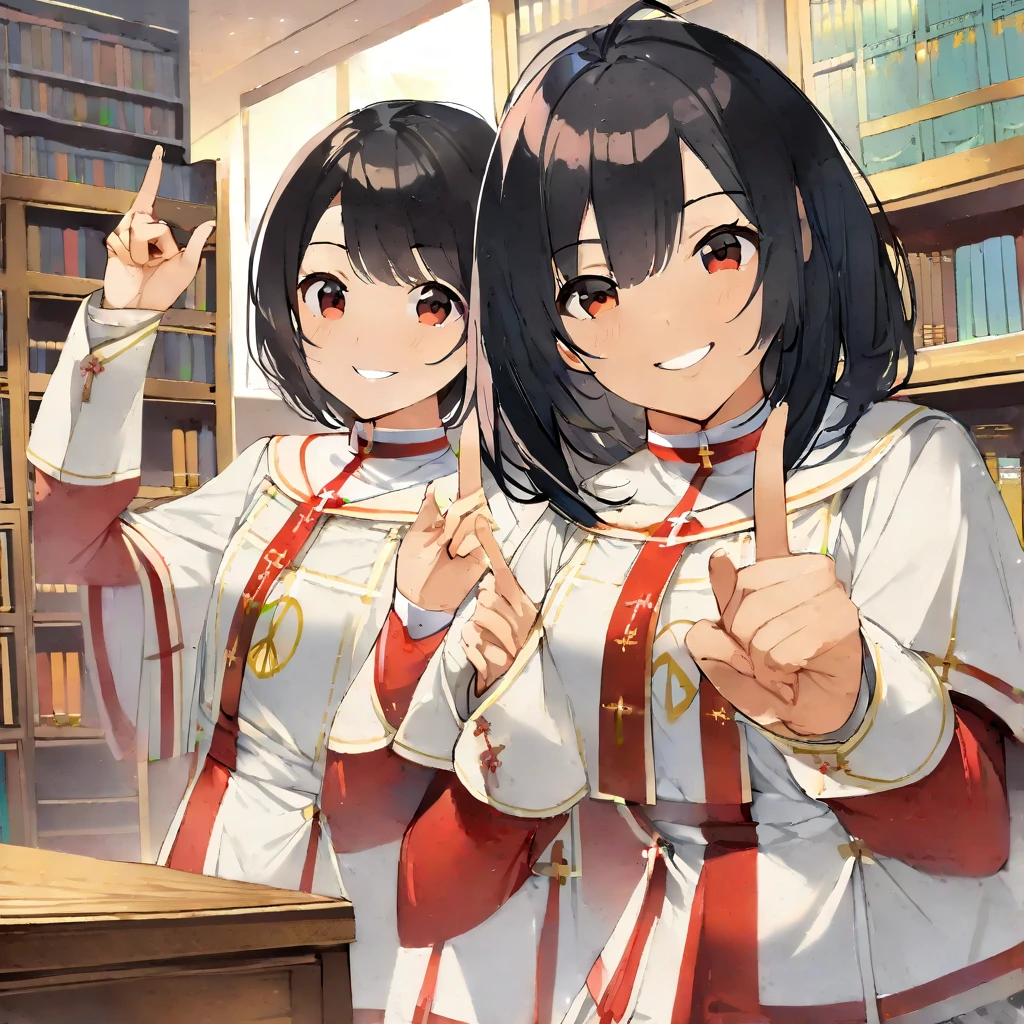 A confident smile, When the teacher is talking in the library、Two students showing a gesture commonly associated with the peace sign, skirt, Black Hair, indoor, smartphone, shirt, ((((Complete faithful finger))))