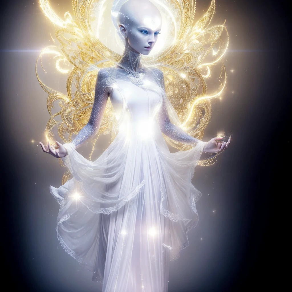 Very real and complete image. Beautiful alien Goddess, with a very long neck, large, elongated and bald head, very white and smooth skin, slanted blue eyes, tiny nose, bright blue and flashing luminous dots come out of her neck, she has NO ears, only one hole, she wears a Very bright white ruffle dress, she is thin. Photorealism, full view, highly detailed image, very realistic, hyperrealism, Ultra HD, 8k, 5, sharp focus, intricate and mysterious masterpiece. (Long exposure photography Very detailed close-up portrait artistic illustration: final quality, medium shot, backlight, Rich and striking. Enigmatic and mysterious manipulations (composition of the rule of thirds), ((detailed environment with strong lines) The best quality, in camera, white light, warm and clean aesthetics, dazzling screen composed of millions of brilliant ultraviolet rays, HDR.