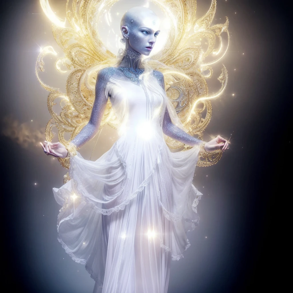 Very real and complete image. Beautiful alien Goddess, with a very long neck, large, elongated and bald head, very white and smooth skin, slanted blue eyes, tiny nose, bright blue and flashing luminous dots come out of her neck, she has NO ears, only one hole, she wears a Very bright white ruffle dress, she is thin. Photorealism, full view, highly detailed image, very realistic, hyperrealism, Ultra HD, 8k, 5, sharp focus, intricate and mysterious masterpiece. (Long exposure photography Very detailed close-up portrait artistic illustration: final quality, medium shot, backlight, Rich and striking. Enigmatic and mysterious manipulations (composition of the rule of thirds), ((detailed environment with strong lines) The best quality, in camera, white light, warm and clean aesthetics, dazzling screen composed of millions of brilliant ultraviolet rays, HDR.