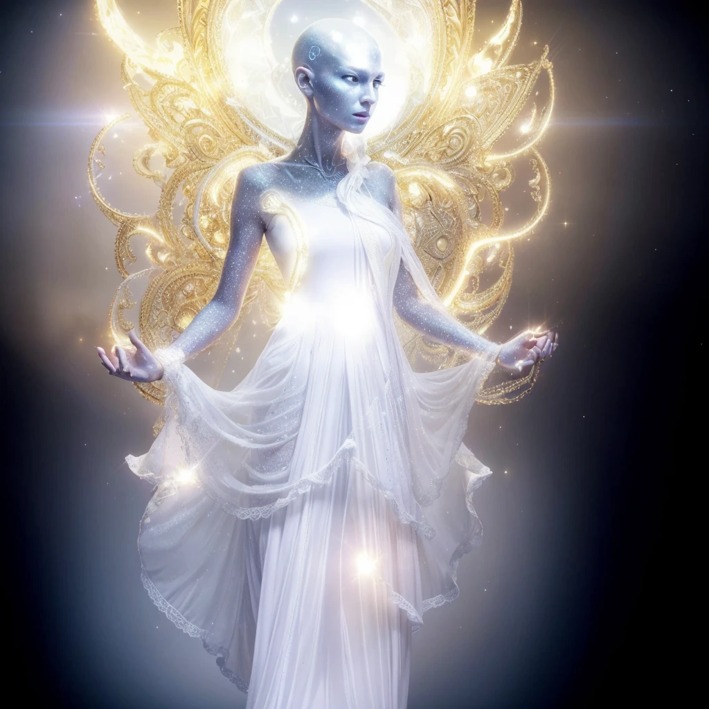 Very real and complete image. Beautiful alien Goddess, with a very long neck, large, elongated and bald head, very white and smooth skin, slanted blue eyes, tiny nose, bright blue and flashing luminous dots come out of her neck, she has NO ears, only one hole, she wears a Very bright white ruffle dress, she is thin. Photorealism, full view, highly detailed image, very realistic, hyperrealism, Ultra HD, 8k, 5, sharp focus, intricate and mysterious masterpiece. (Long exposure photography Very detailed close-up portrait artistic illustration: final quality, medium shot, backlight, Rich and striking. Enigmatic and mysterious manipulations (composition of the rule of thirds), ((detailed environment with strong lines) The best quality, in camera, white light, warm and clean aesthetics, dazzling screen composed of millions of brilliant ultraviolet rays, HDR.