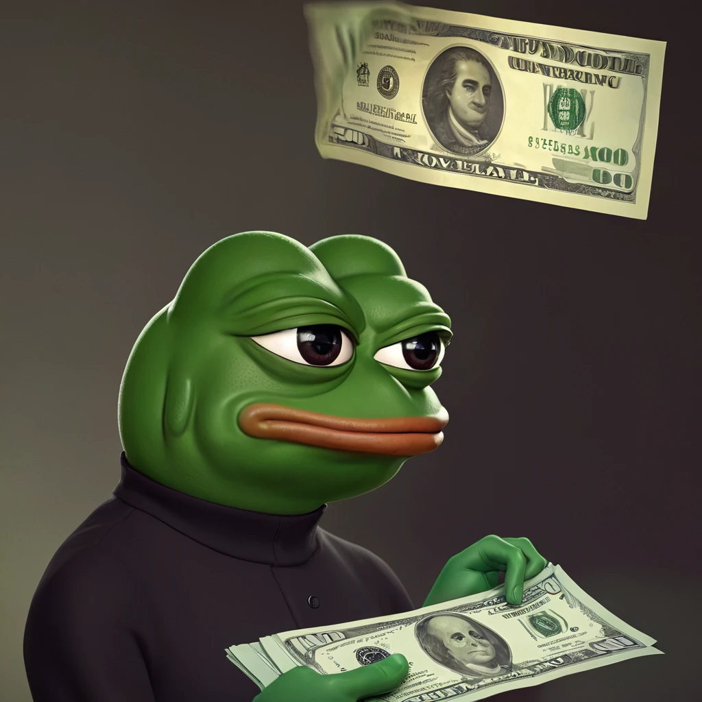 a pepe the frog cartoon character, detailed face and expression, frog holding a $100 bill, saying goodbye with sad and remorseful expression, realistic digital art, cinematic lighting, dramatic atmosphere, highly detailed, photorealistic, 8k, masterpiece