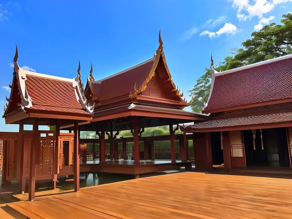 there is a wooden deck with a pavilion and a wooden building, thai architecture, thai, thai temple, peaceful wooden mansion, peaked wooden roofs, health spa and meditation center, buddhist temple, buddhist architecture, bangkok, full - view, wooden buildings, pavilion, in style of thawan duchanee, masterpiece work of art, thailand art, beautiful image