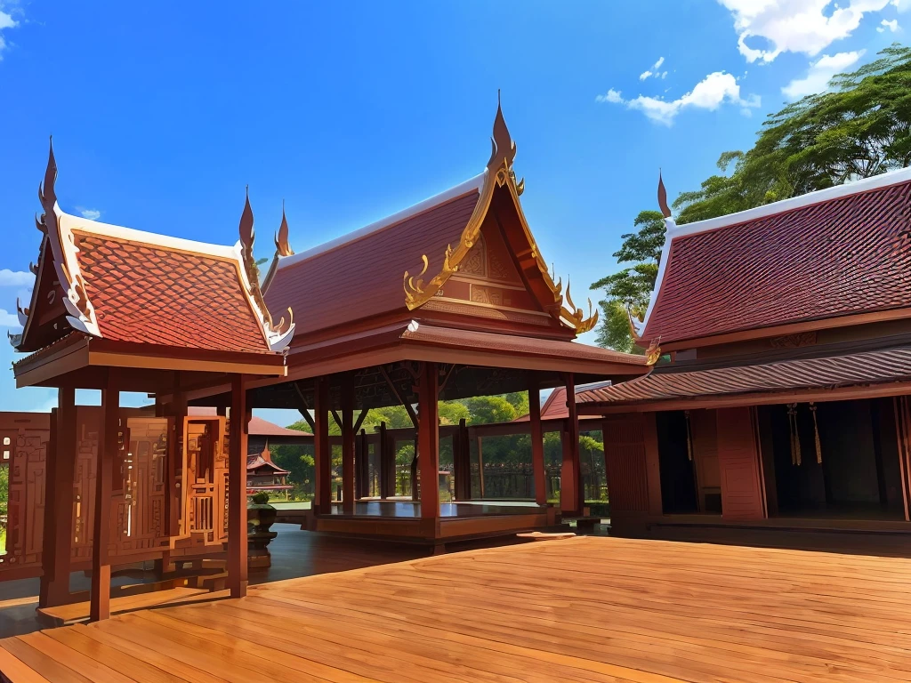 there is a wooden deck with a pavilion and a wooden building, thai architecture, thai, thai temple, peaceful wooden mansion, peaked wooden roofs, health spa and meditation center, buddhist temple, buddhist architecture, bangkok, full - view, wooden buildings, pavilion, in style of thawan duchanee, masterpiece work of art, thailand art, beautiful image