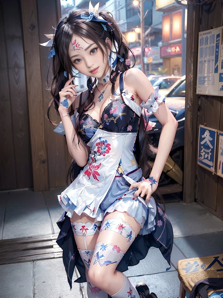 (Full Body View:1.5)、(squat:1.3)、(Beautiful lips and cheeks:1.4)、(Prostitute:1.4)、(Smiling with teeth showing:1.3),(Shibuya Gal:1.5)、(Gothic ta vibe:1.5)、(White, red, magenta, and blue miniskirt courtesan kimono showing cleavage:1.5)、(New Year:1.4)、(Luxury hair ornaments/hairpin:1.5)、(Short kimono:1.3)、(Make-up like a maiko:1.5)、(Bewitching Woman:1.3)、(Dense kimono:1.4)、(Wearing flashy knee socks:1.2)、(The underwear has an embroidered pattern:1.4)、40 years old、(Dance vigorously:1.3)、((Highest quality、8k、masterpiece:1.3))、1 Girl、Slim and beautiful abs:1.3、(hairstyle casual、Beautiful boobs:1.1)、dress:1.1、Super small face、Narrow eyes、double eyelid、A sloppy smile、Esbian all over、Dynamic Angle、Close-up、CPL Filter、Blurred Background、Bokeh、Blue Hour、Detailed face and skin texture、Detailed eyes、double eyelid,(Twin tails:1.3)、(Black-brown hair:1.3)、Gravure idol、(The background is a gorgeous Meiji-era town:1.3)、(Thin body:1.2),(Thin thighs:1.5),(clavicle:1.1)