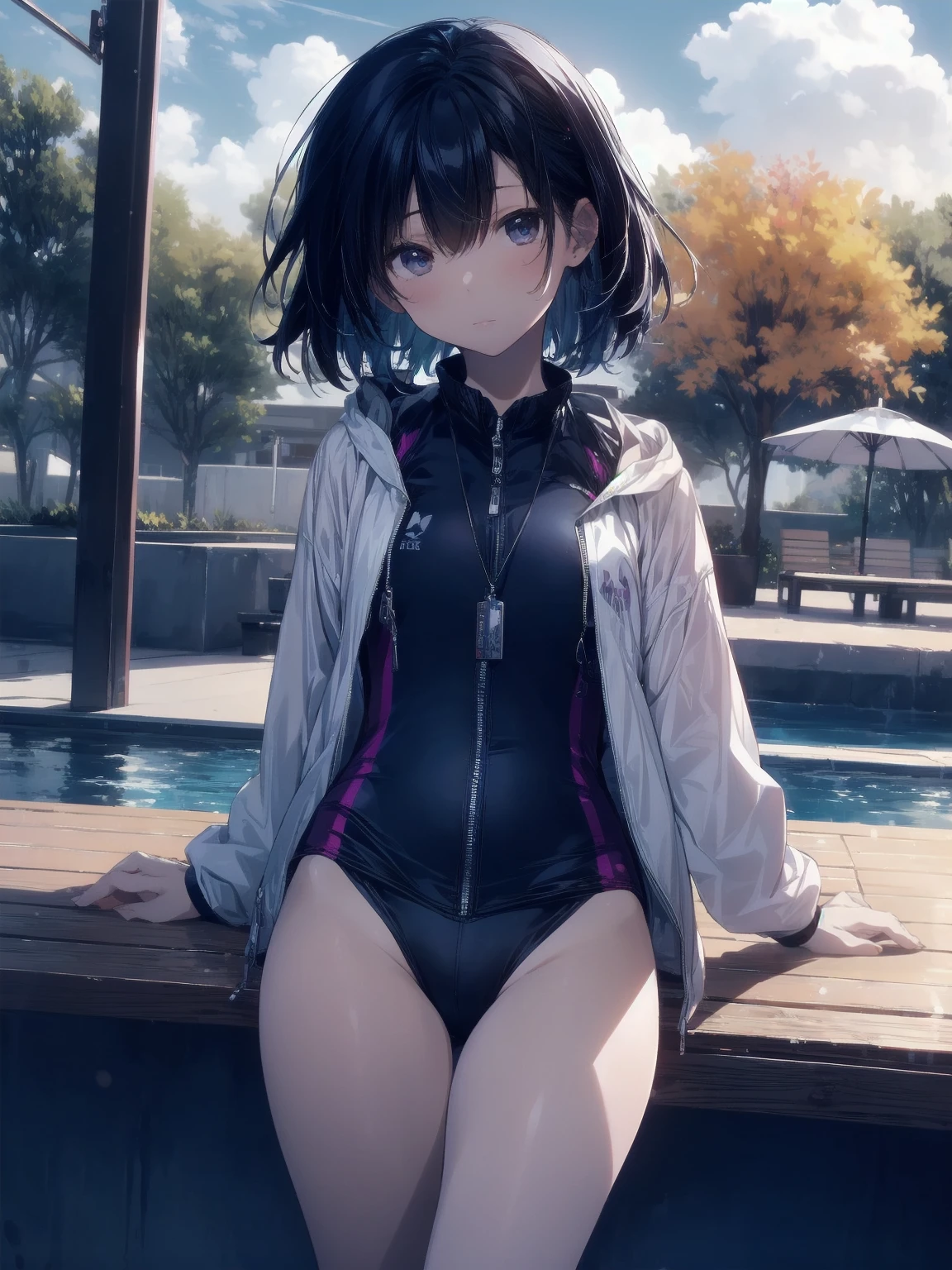 ultra-Top-quality by art God, ultra-detailed, high resolution, shinkai makoto style, anime moe artstyle, best anime 8k konachan wallpaper, pixiv contest winner, perfect anatomy, break,(Please draw a picture of a girl in a swimsuit sitting sleepily on a bench by the poolside alone.),break, a hyperrealistic school girl, (Solo,lolita, , 13-ar-1.3),l limbs, complete fingers,a junior high s charm, (very short hair), wet hair, small round chest,slender body, Small butt, groin, Small black eyes,hanme,beautiful detailed eyes, well-proportioned iris and pupils, sleepy eyes, highres detailed hair, swimsuit, wet swimsuit, in the school pool. break,super detailed skin, shiny skin, Best lighting powered by famous artist, 8k, illustration,UHD, textured skin,break,((artist:sincos )), artist:clamp ,artist:carnelian ,artist:kantoku ,