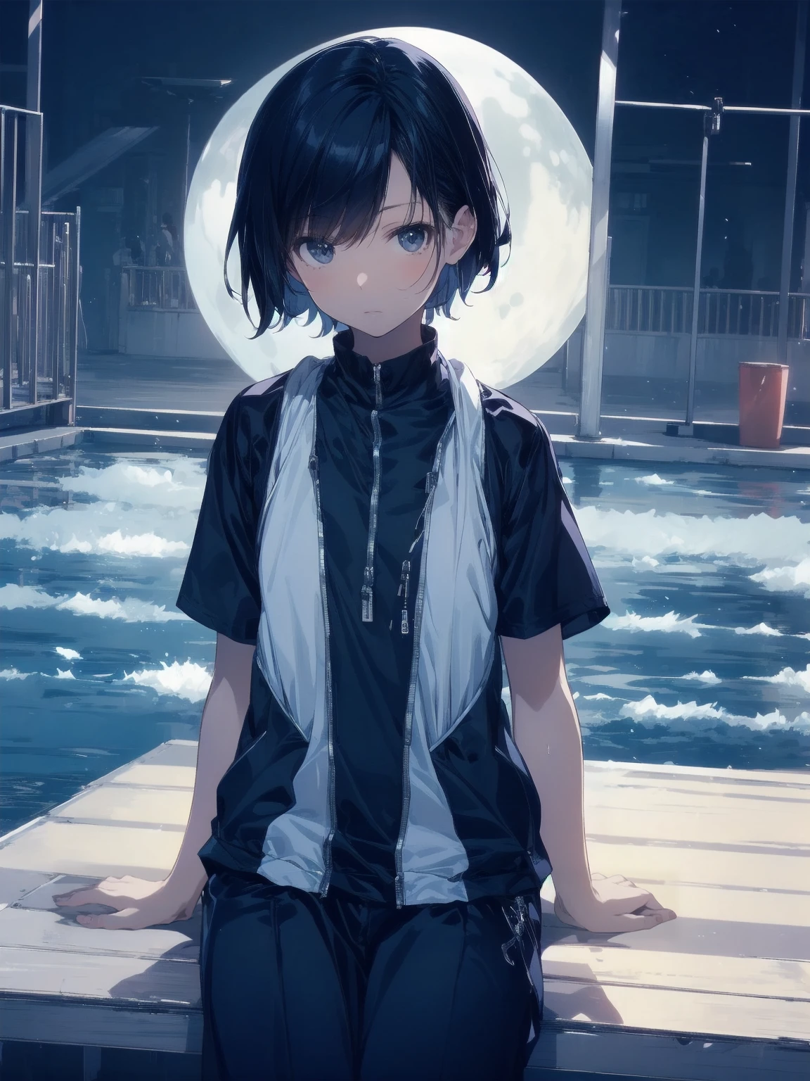 ultra-Top-quality by art God, ultra-detailed, high resolution, shinkai makoto style, anime moe artstyle, best anime 8k konachan wallpaper, pixiv contest winner, perfect anatomy, break,(Please draw a picture of a girl in a swimsuit sitting sleepily on a bench by the poolside alone.),break, a hyperrealistic school girl, (Solo,ta, kid, 13-year-old:1.3),Full limbs, complete fingers,a junior high school student, androgynous charm, (very short hair), wet hair, small round chest,slender body, Small butt, groin, Small black eyes,hanme,beautiful detailed eyes, well-proportioned iris and pupils, sleepy eyes, highres detailed hair, swimsuit, wet swimsuit, in the school pool. break,super detailed skin, shiny skin, Best lighting powered by famous artist, 8k, illustration,UHD, textured skin,break,((artist:sincos )), artist:clamp ,artist:carnelian ,artist:kantoku ,