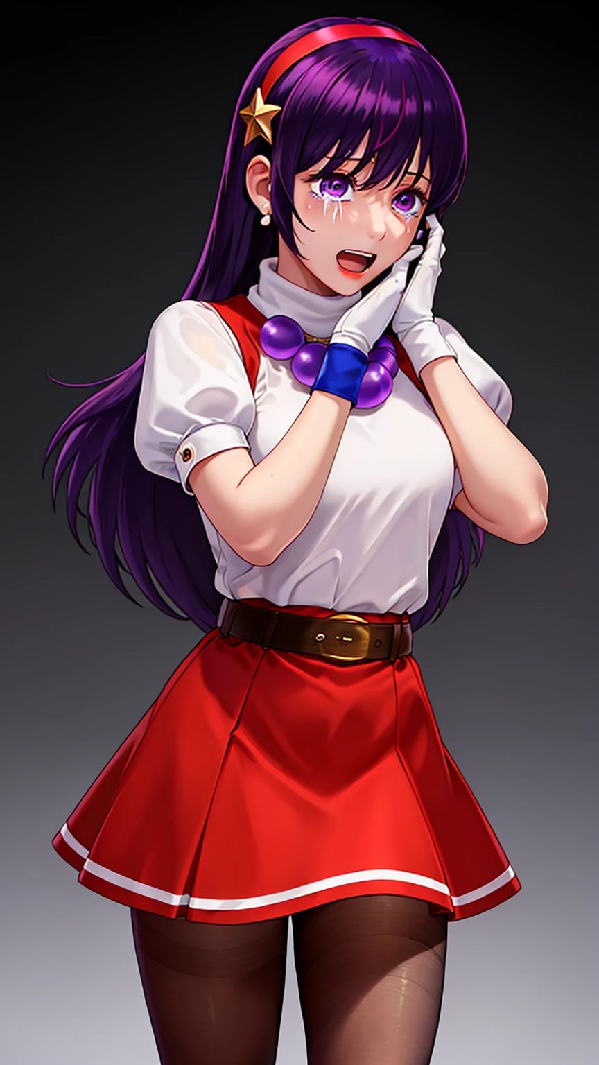 masterpiece,best quality,detailed,white theme,extreme detailed,colorful,highest detailed,masterpiece,best quality,highly detailed,athena97,1girl,cowboy shot,solo,standing,open mouth,crying,purple eyes,purple hair,straight hair,white earrings,red hairband,star hair ornament,medium breats,red vest,white turtleneck,white puffy sleeves,short sleeves,red pleated skirt,(deep red pantyhose:1.2),black pantyhose,yellow belt,purple sphere shape necklace,white short socks,(Hands on own face,:1.2),