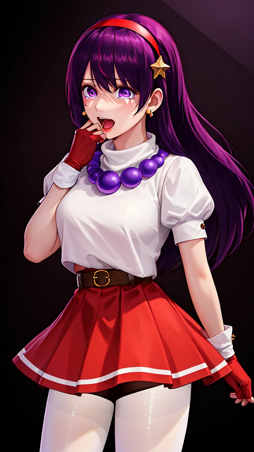 masterpiece,best quality,detailed,white theme,extreme detailed,colorful,highest detailed,masterpiece,best quality,highly detailed,athena97,1girl,cowboy shot,solo,standing,open mouth,crying,purple eyes,purple hair,straight hair,white earrings,red hairband,star hair ornament,medium breats,red vest,white turtleneck,white puffy sleeves,short sleeves,red pleated skirt,(deep red pantyhose:1.2),black pantyhose,yellow belt,purple sphere shape necklace,white short socks,(Hands on own face,:1.2),