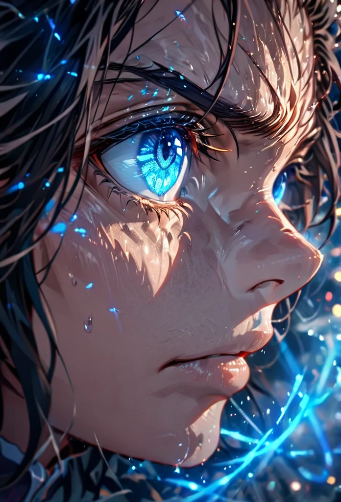 Symetrical,absurdres, highres, ultra detailed, HDR, masterpiece, extremely detailed face and eyestan, tanjiro, in original outfit ,,, , solo, man, handsome, ,, , Epic fight scene, blue electric effect,glowing glitters