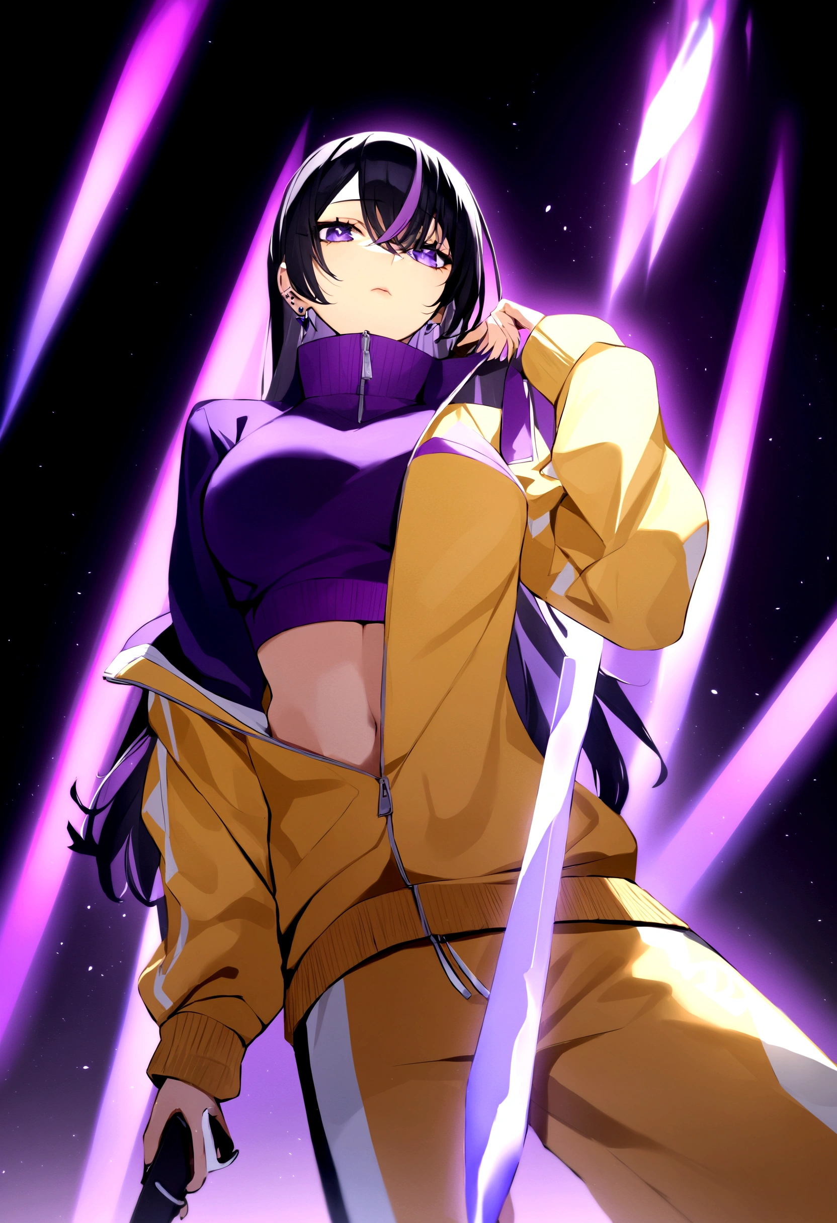 One girl, piercing purple irises, yellow tracksuit jacket, over the mouth high collar tracksuit, knife in hand, medium chest, white pants with purple accents, best quality, long black hair streaked with purple stripes,