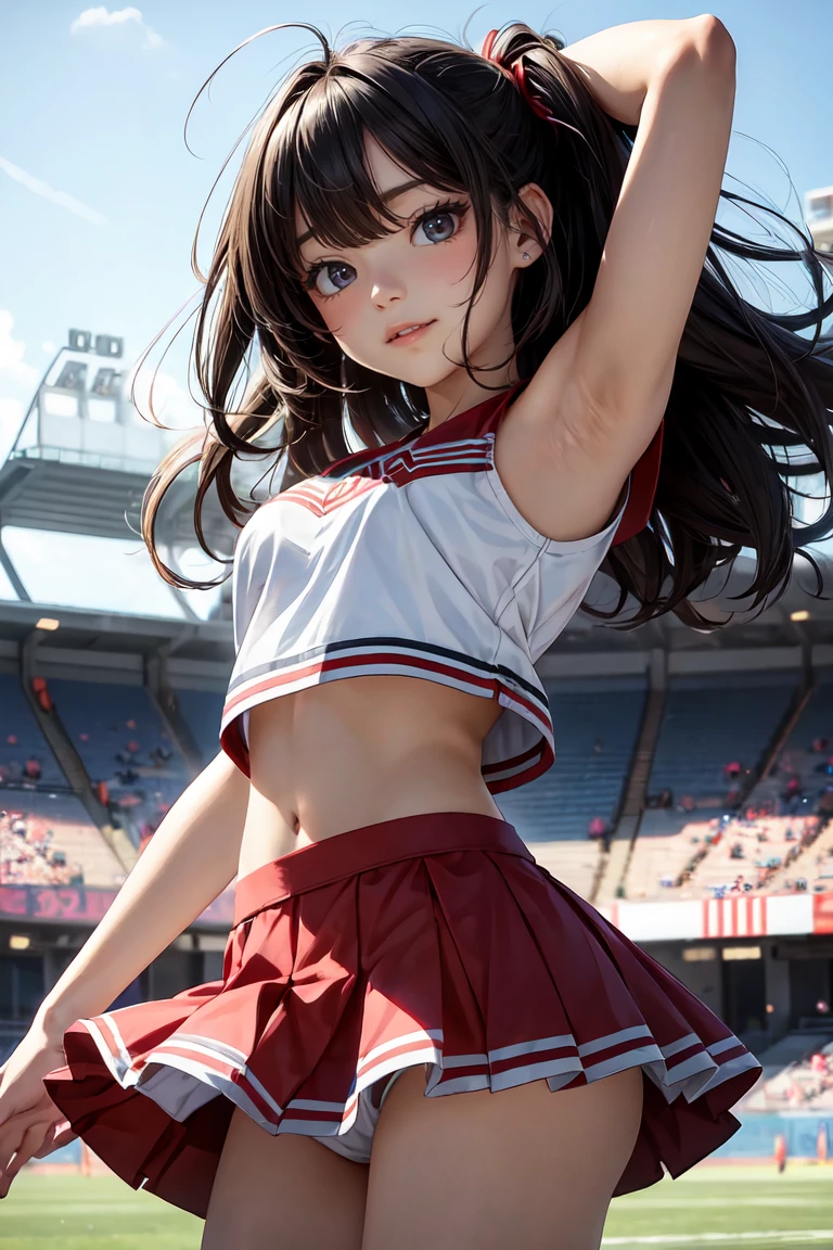 (ultra detailed eyes), (ultra detailed face),high quality, best image quality, masterpiece, age girl, 18 years old, very cute and beautiful cheerleader girl is dancing, dynamic pose, soft wavy hair, black hair, (smile:1.2), medium breast, (red tops with logo:1.3), (miniskirt:1.3), (panties), Armpits, Navel, thighs, Bare shoulders, Bare arms, Natural lighting, Hair fluttering in the wind, Beautiful detailed sky, stadium, ((Finest quality)), ultra high resolution, ultra-detailliert, Meticulous portrayal, ((Best Anime)),
