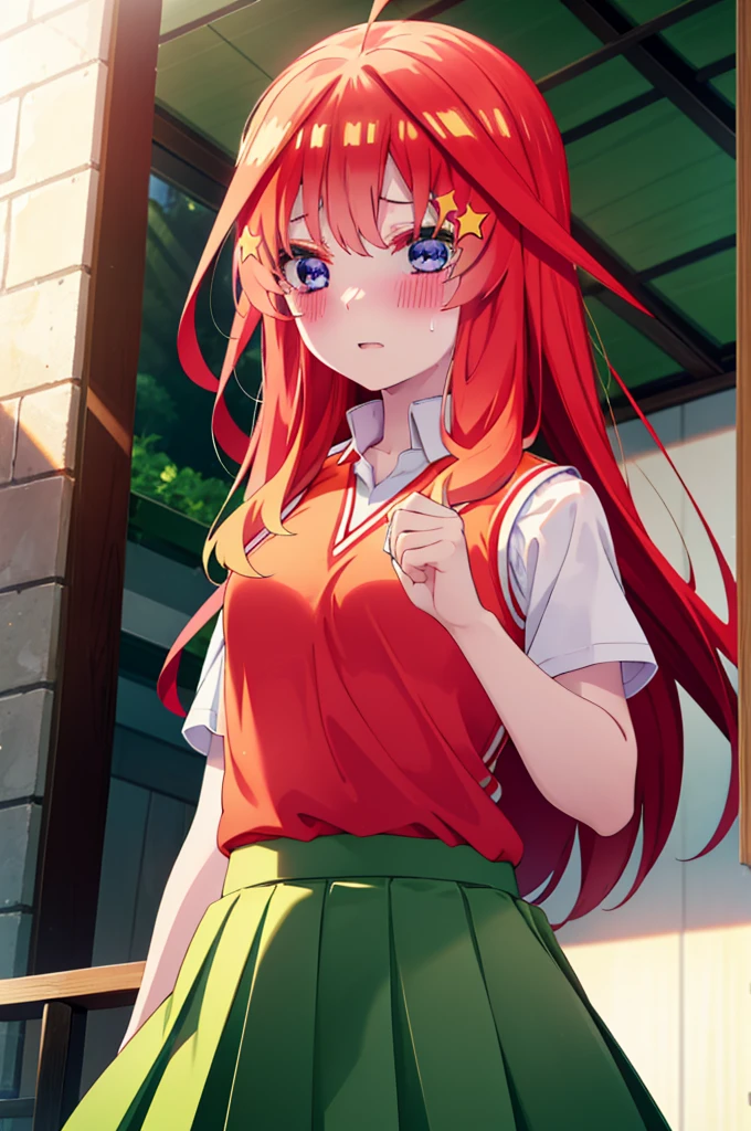 itsukinakano, itsuki nakano, bangs, blue eyes, Hair between the eyes, Ahoge, Redhead, star \(symbol\), hair ornaments, star hair ornaments,Tears of joy,Tears flowing,top of the hill,blush,
break skirt, shirt, , clavicle, white shirt, Short sleeve, Pleated skirt, socks, collared shirt, mini skirt, Knee-high, white socks, (Green Skirt:1.5), Sweater vest, (red Sweater vest:1.5),Black Loafers,Sunset,evening,The sun is setting,
break outdoors, top of the hill,
break looking at viewer, garden,
break (masterpiece:1.2), Highest quality, High resolution, unity 8k wallpaper, (figure:0.8), (Beautiful attention to detail:1.6), Highly detailed face, Perfect lighting, Highly detailed CG, (Perfect hands, Perfect ???????),