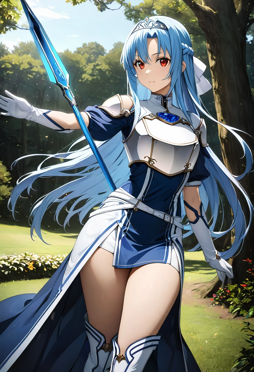 Highest quality、unity 8k wallpaper、32k、masterpiece、Very detailed、Ultra-high resolution、Very detailedな顔, RAW Photos, Professional, Ultra-fine painting、Yukiasuna、Midnight blue long straight hair、Platinum tiara with blue gemstones、Blue Nun Cape、Red Eyes、(Tree Eyes), Cool and sharp features, hime cut, 20～A female magical warrior, about 24 years old.、White and gold breastplate、Blue and white leotard、(((Blue and white gold-embellished long pencil skirt with side armor and long slits)))、Half puff sleeves with shoulder pads、A large white ribbon with a large sapphire on the chest、White and blue long gloves、(((White and blue thigh-high stiletto boots:1.0)))、whole body、He has a spear with a glowing blue blade,