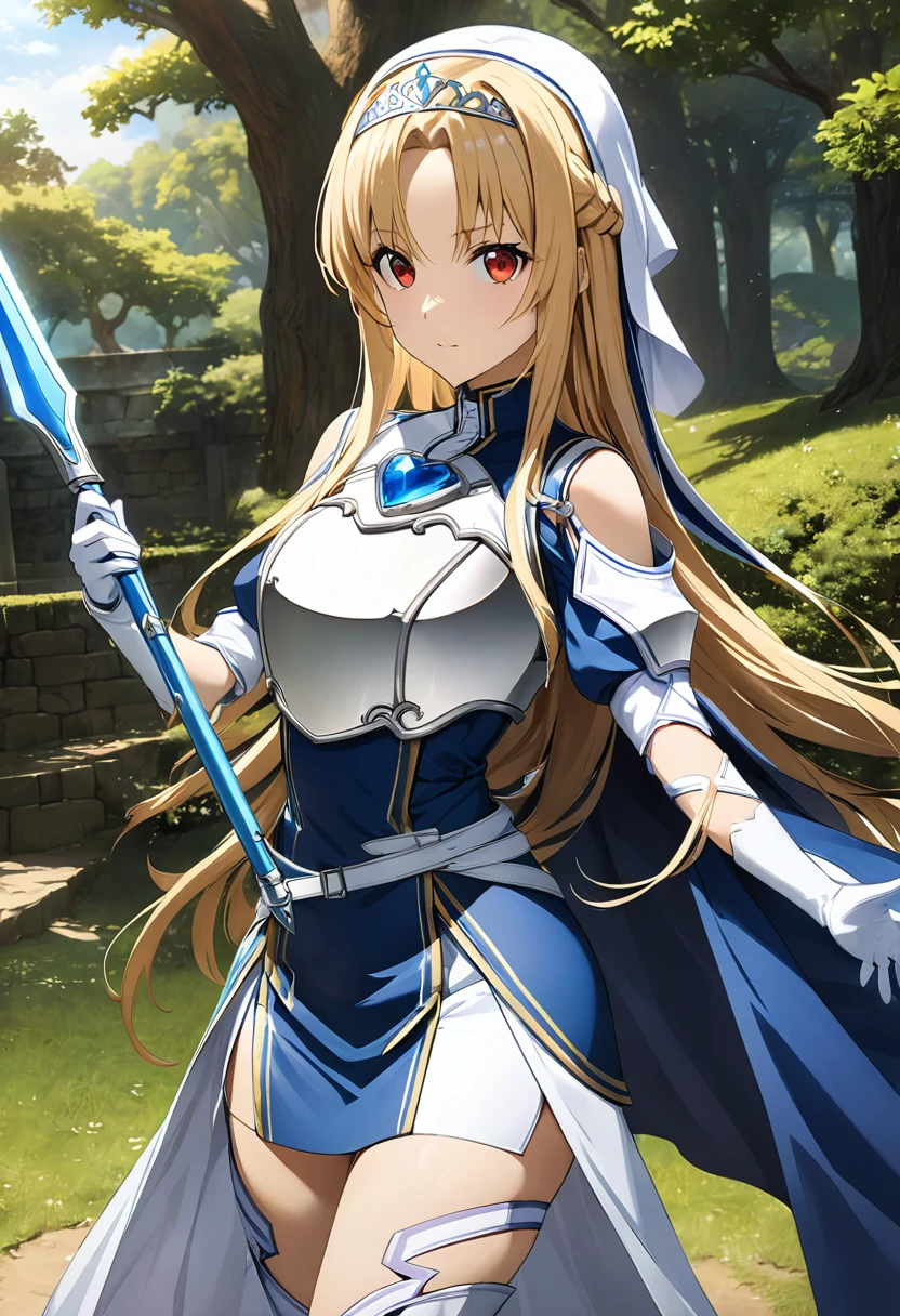 Highest quality、unity 8k wallpaper、32k、masterpiece、Very detailed、Ultra-high resolution、Very detailedな顔, RAW Photos, Professional, Ultra-fine painting、Yukiasuna、Midnight blue long straight hair、Platinum tiara with blue gemstones、Blue Nun Cape、Red Eyes、(Tree Eyes), Cool and sharp features, hime cut, 20~A female magical warrior, about 24 years old.、White and gold breastplate、Blue and white leotard、(((Blue and white gold-embellished long pencil skirt with side armor and long slits)))、Half puff sleeves with shoulder pads、A large white ribbon with a large sapphire on the chest、White and blue long gloves、(((White and blue thigh-high stiletto boots:1.0)))、whole body、He has a spear with a glowing blue blade,