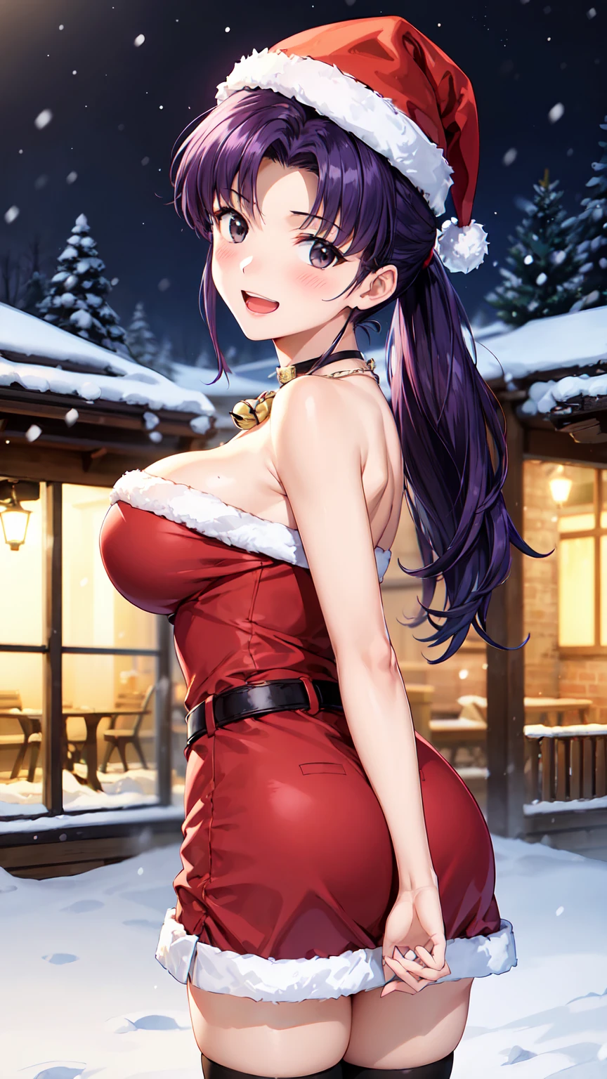 Masterpiece ,best quality , high resolution , ultra detail , colorful , soft light , mild light , sunlight , shinny , (perfect fingers , Detailed fingers, perfect hands) , (1 girl solo:1.38) , (Misato katsuragi) , (black eyes, ponytail , purple hair, medium_long_hair, make up, necklace, tall, slim body) , (Xmas cloth , dress , bell , xmax hat , stockings , belt , bare shoulder , strapless , head tilt) , (cleavage:1.15) , (big breast:1.1) , (outdoor, firework , snow , snowing , Xmas, in park, night , moonlight , romance light) , (standing cowboy shot) , ( full face blush , shy , smile , open mouth) , (from nehind , back view , head back , looking view)