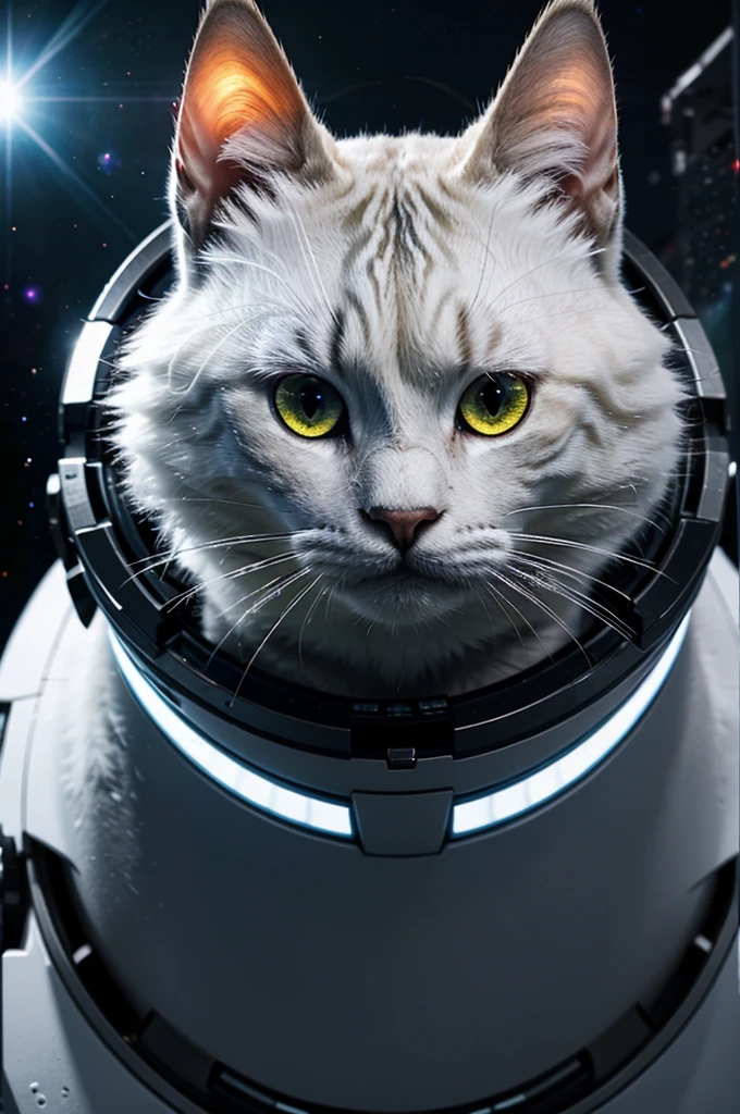 A Godlike Cat that has Glowing yellow eyes and a really beight White glowing Face that looks at the screen directly and menacingly.
And the background is a Space Destruction background
