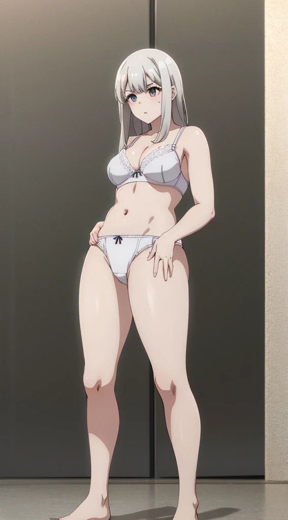 White panties、1 girl、White bra、Gray Hair、uniform、Boobs fully exposed