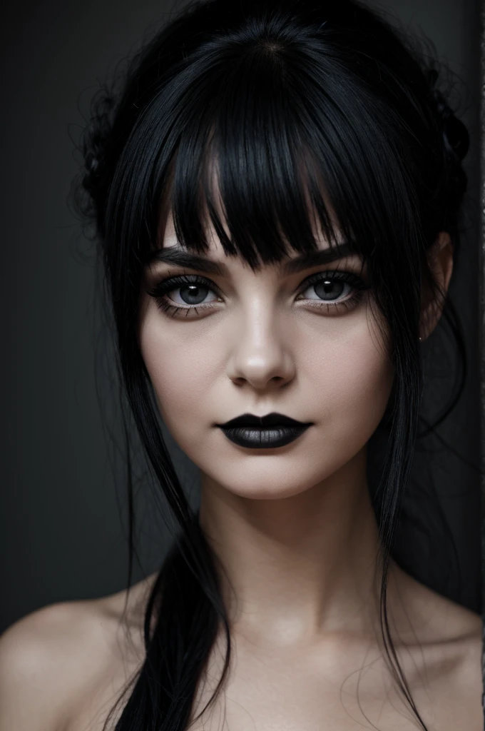 goth girl, half-open eyes, portrait, naked,