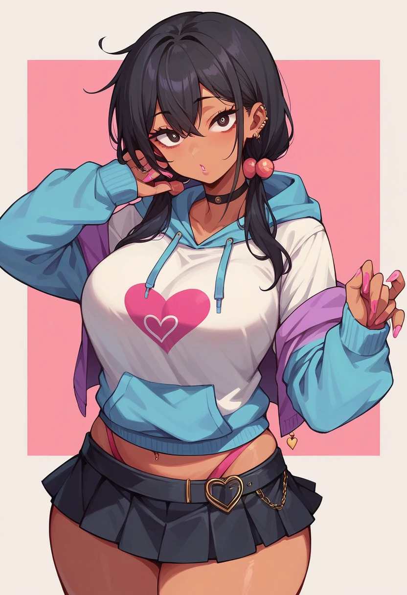 ((sexy girl ,gyaru))nsfw,glamorous, voluptuous, curvy, hoodie, mini skirt, looking at viewer, low twintails, black hair, droopy eyes