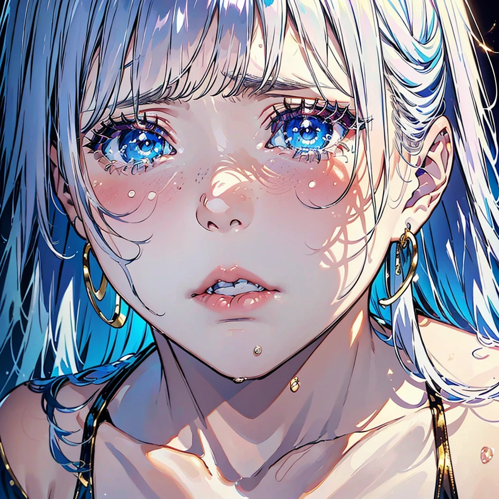 close-up shot of a young woman crying, with silvery hair, bangs, tears, sad face, blue eyes, light freckles, juicy lips, gold earrings, beautiful lights, iper-realistic, masterpiece, cinematic lighting, best quality.
