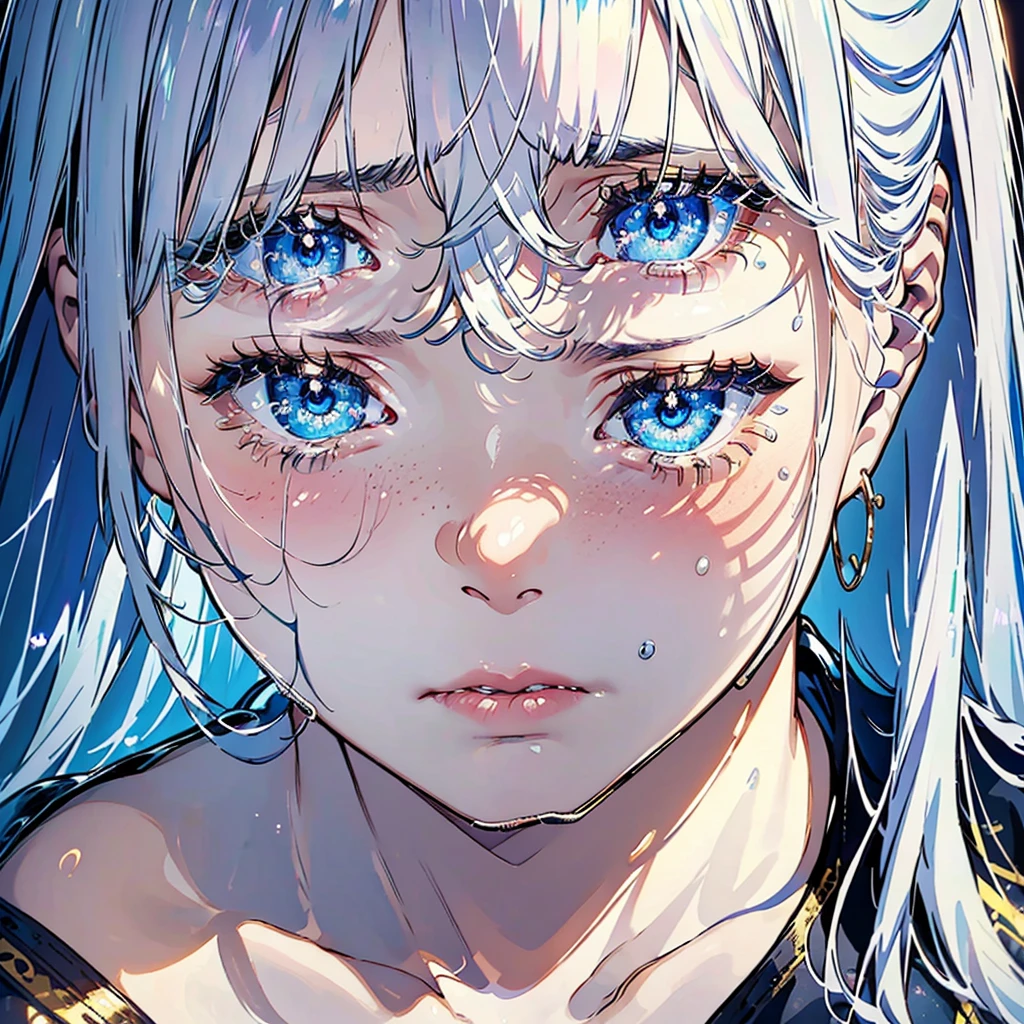 close-up shot of a young woman crying, with silvery hair, bangs, tears, sad face, blue eyes, light freckles, juicy lips, gold earrings, beautiful lights, iper-realistic, masterpiece, cinematic lighting, best quality.
